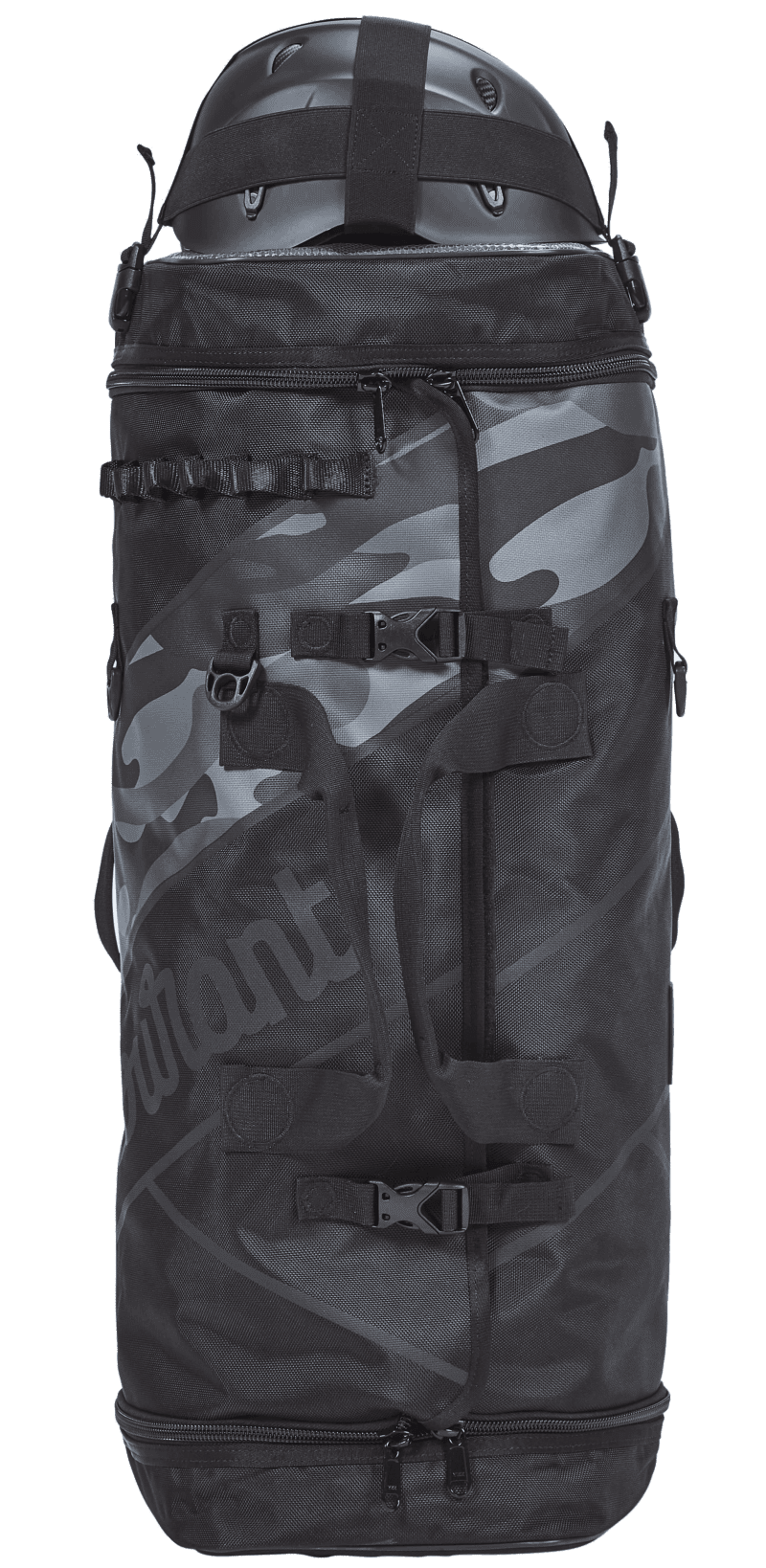The Courant Cross Pro Storage Bag In Tactical Black With A Helmet On Top