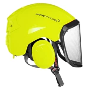 A protos integral arborist helmet in neon yellow